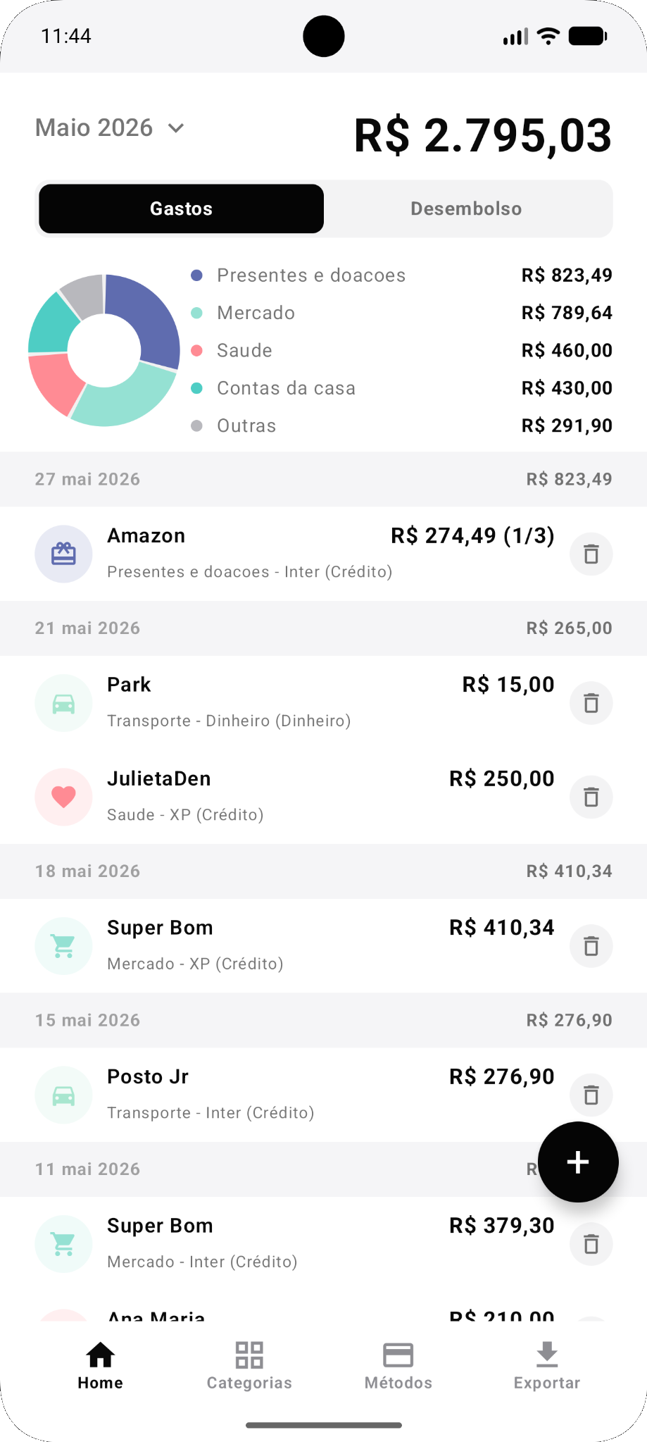 Tela inicial do Bursa com resumo do mês, categorias e lista de gastos